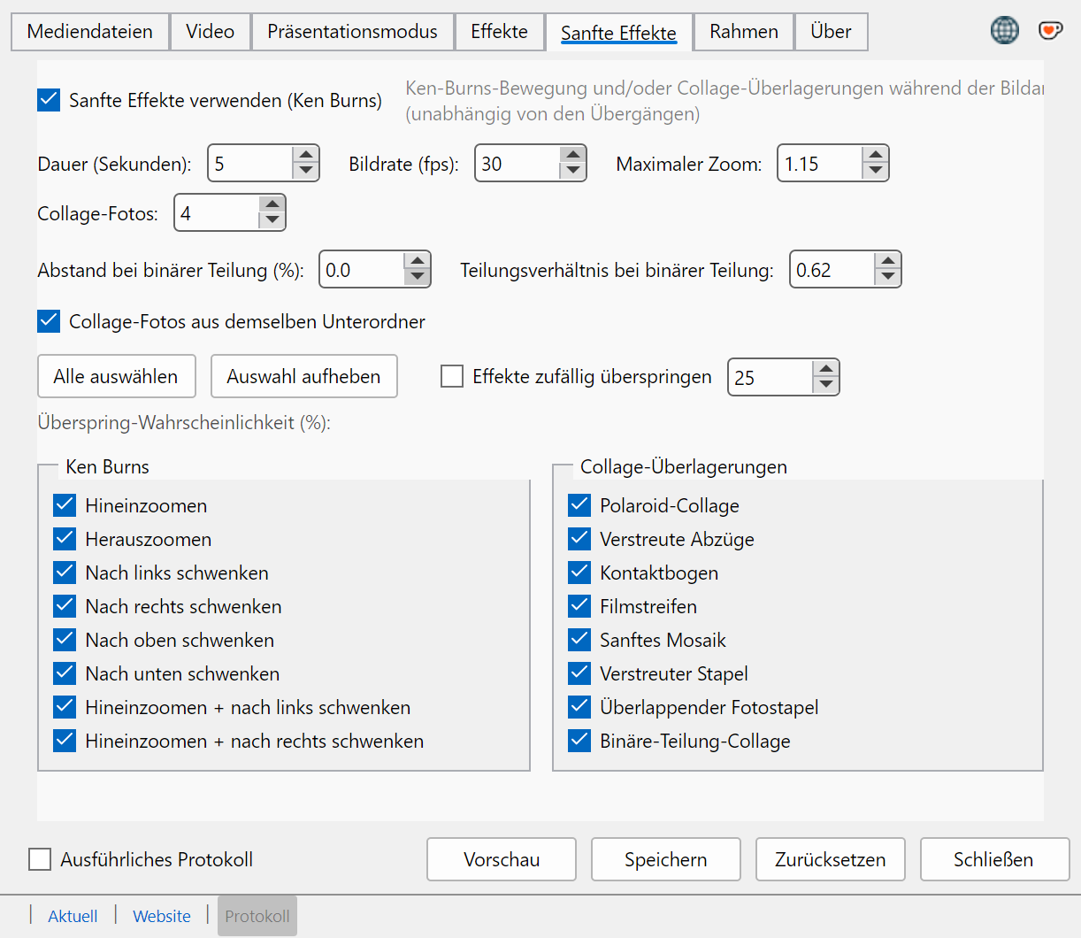 Soft-Effects-Einstellungsregister mit Ken-Burns- und Collage-Optionen