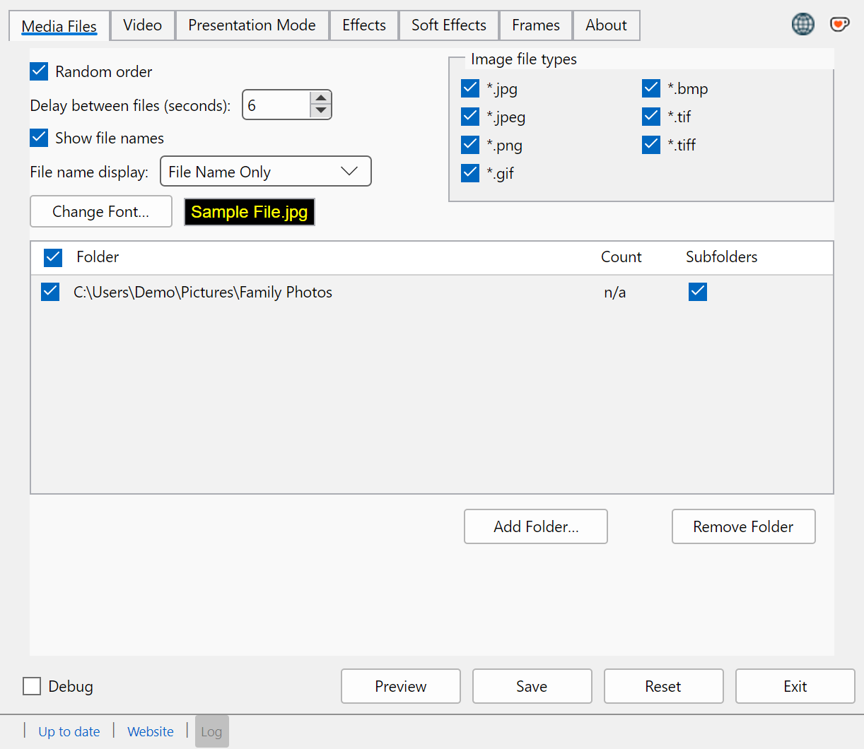 Media Files tab — delay, folders, file names, and image file types