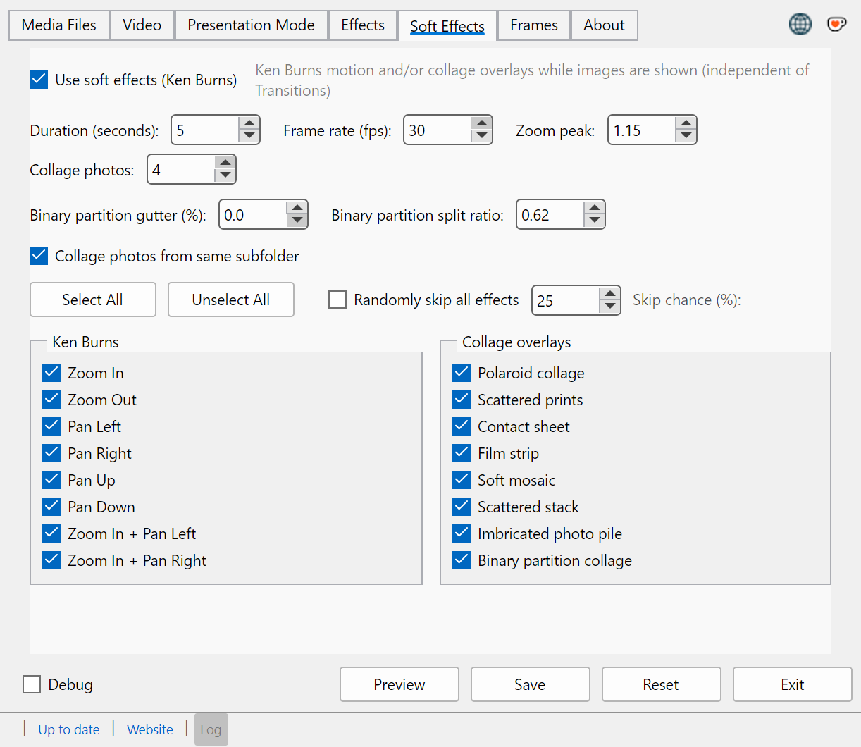 Soft Effects settings tab with Ken Burns and collage options