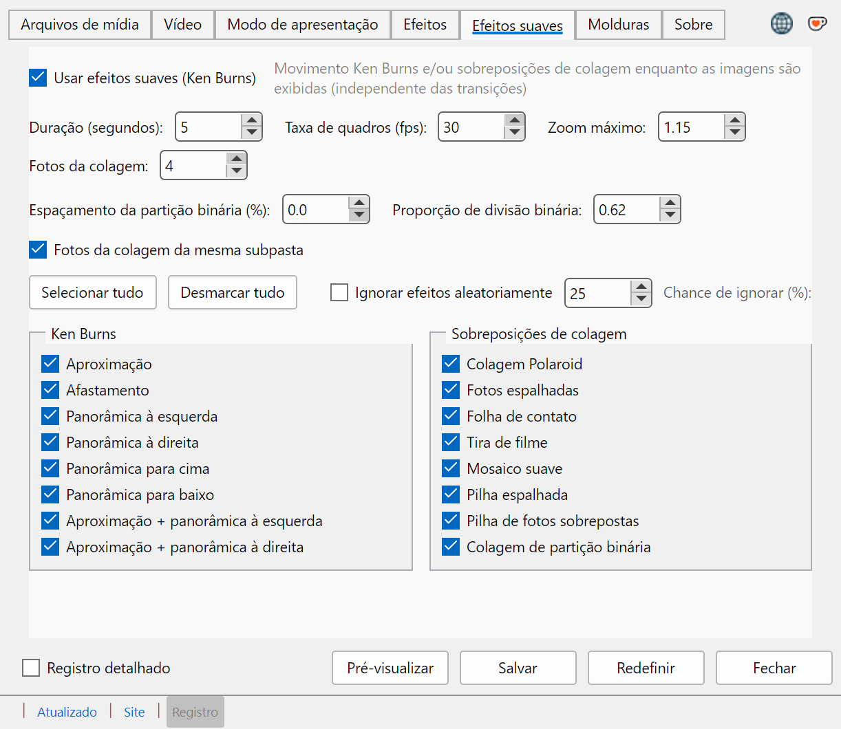 Aba Soft Effects com opções Ken Burns e de colagem